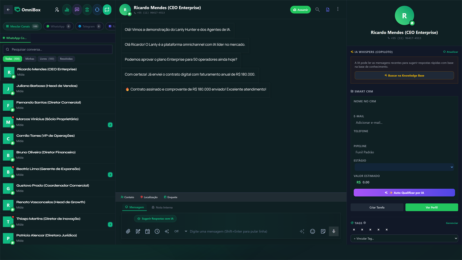 Lanly OmniBox — Tela de Atendimento Unificado no WhatsApp para Desktop