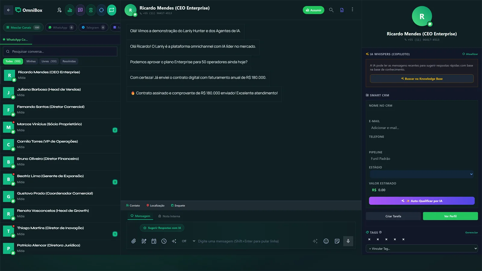Inbox Omnichannel Multiagente com WhatsApp, Instagram e E-mail integrados