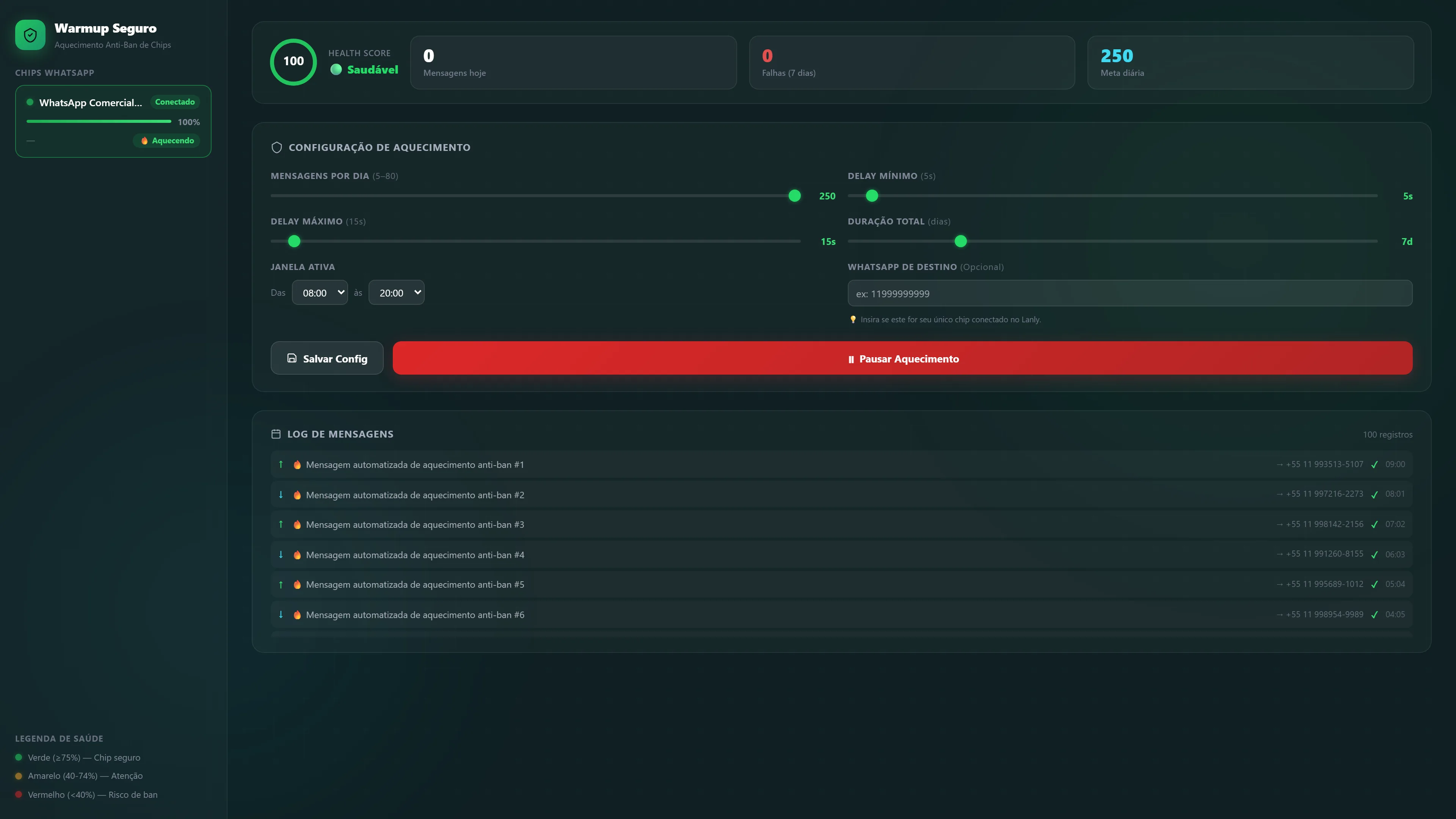 Disparador de WhatsApp com aquecimento anti-ban e warmup